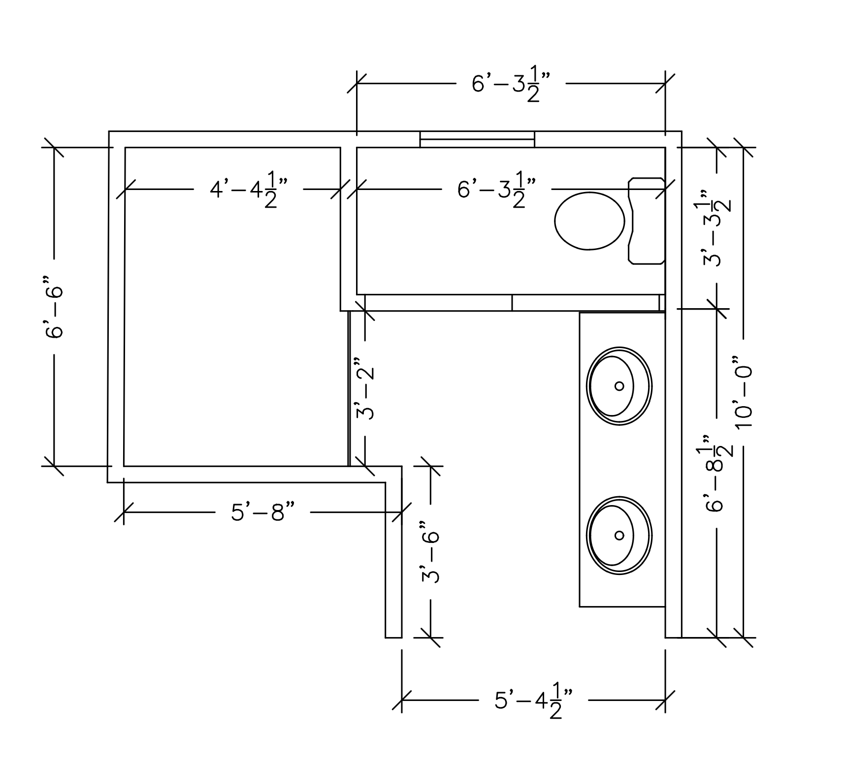Dimensioned bath floor plan showing a shower, a toilet room and a double-sink vanity