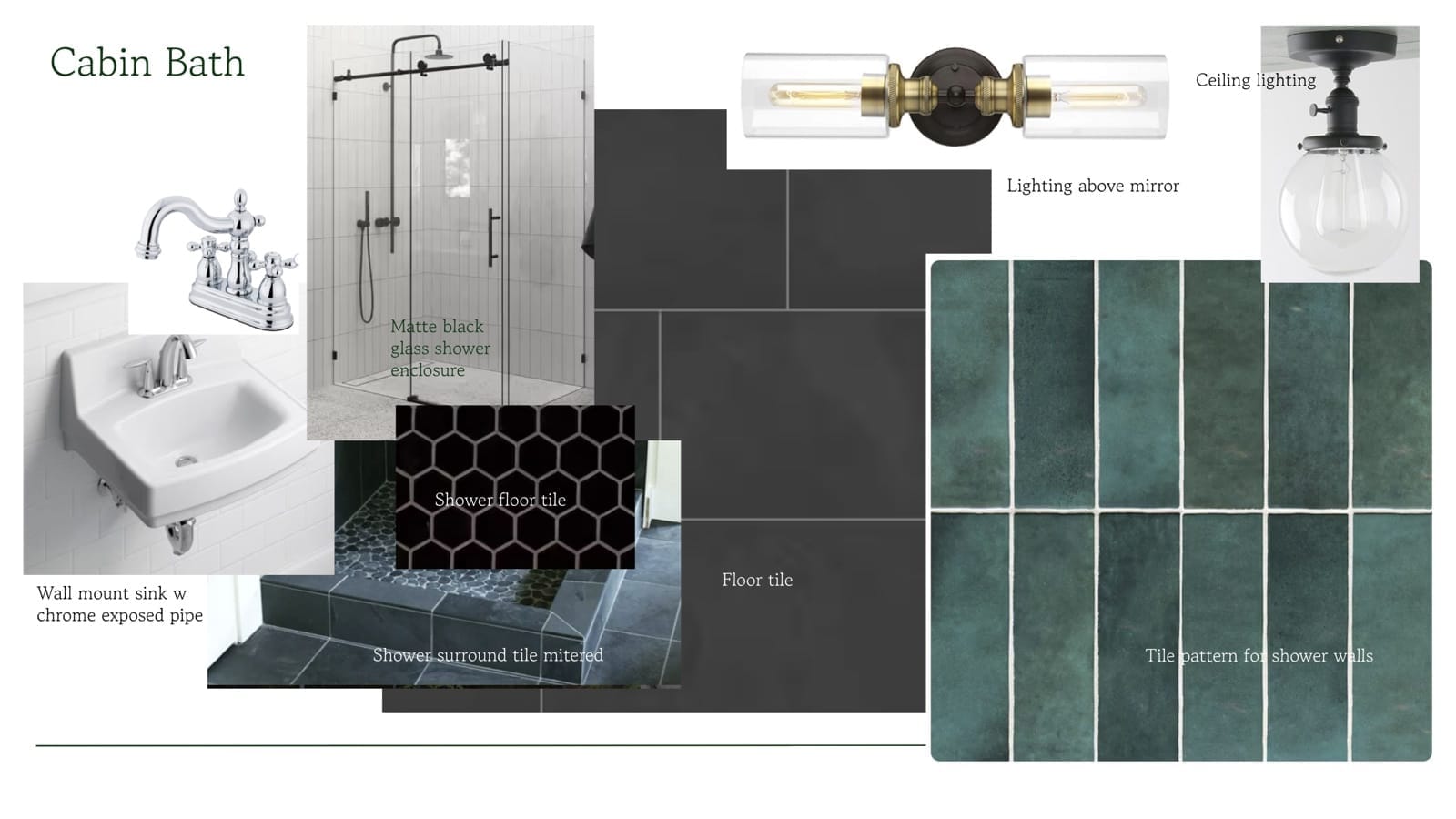 Cabin bath design board showing dark slate floor tile, green glazed wall tile, a matte black glass shower enclosure, a wall-mount sink with exposed chrome pipe, and lighting options